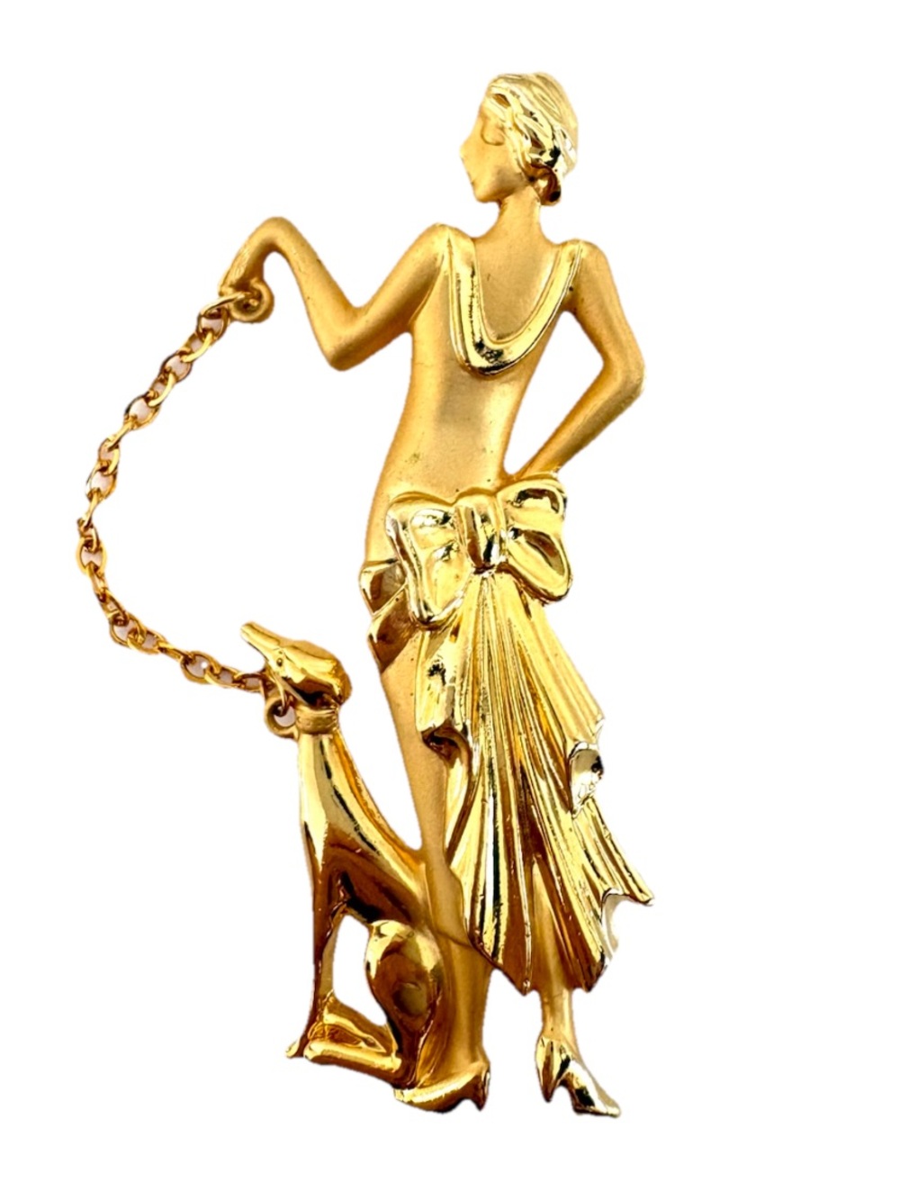 Lady Greyhound Whippet Brooch Pin Art Deco Dog Figural Costume Gold Tone